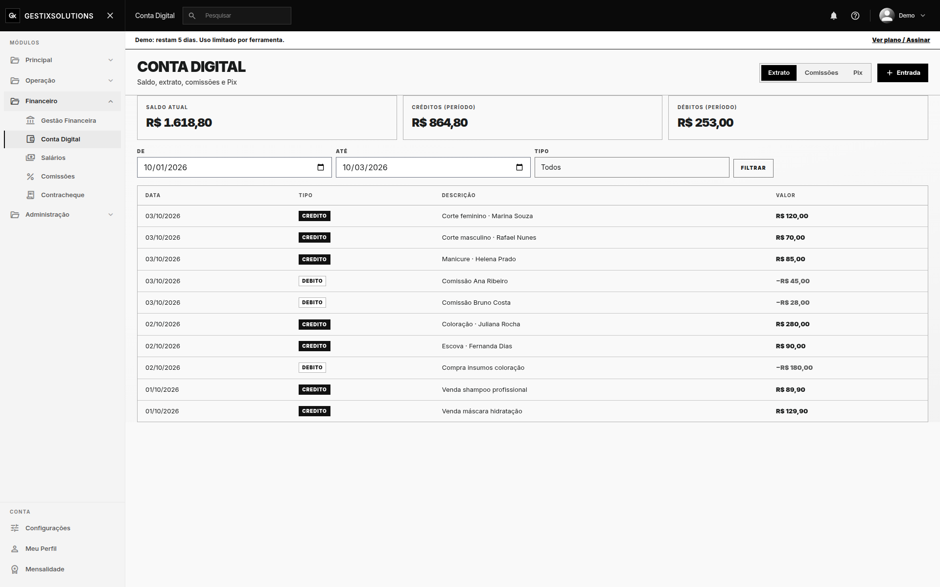 Tela real do módulo Conta digital no GestiX