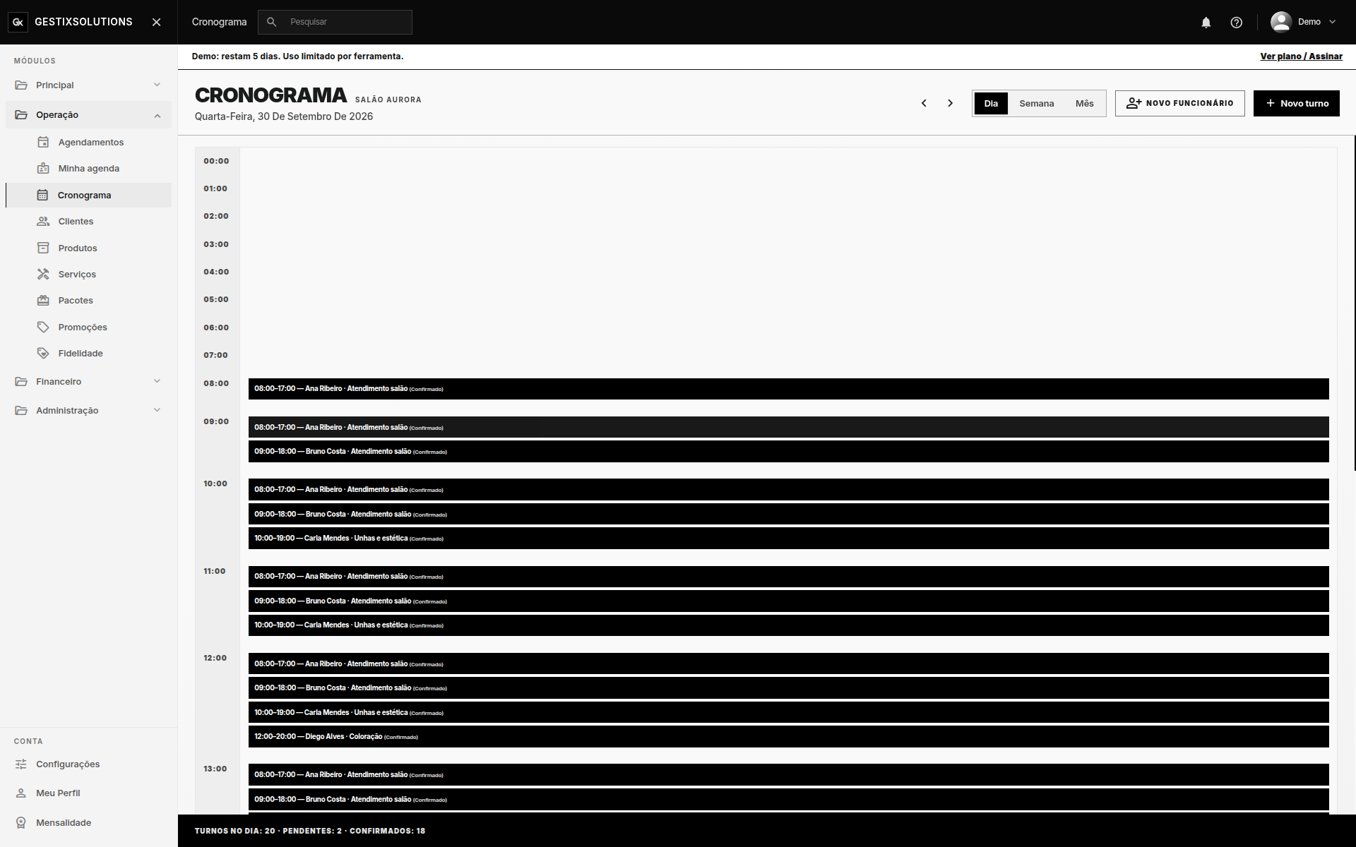 Tela real do módulo Cronograma no GestiX