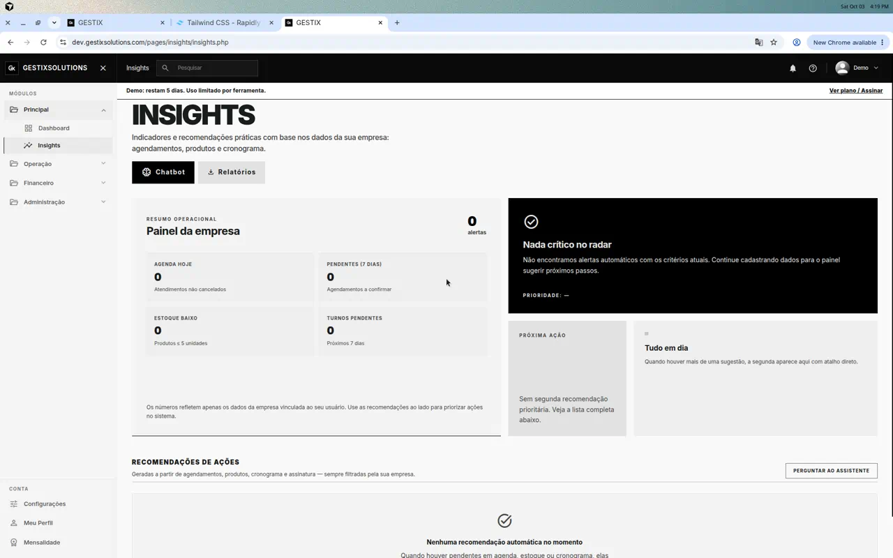 Tela real do módulo Insights no GestiX